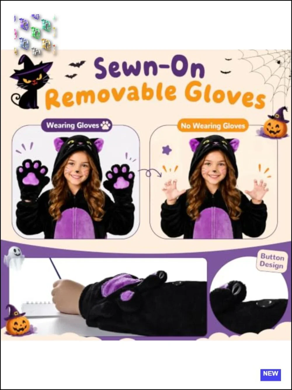 Girls Black Cat Halloween Costume Kids Cosplay Onesie with Candy Purse